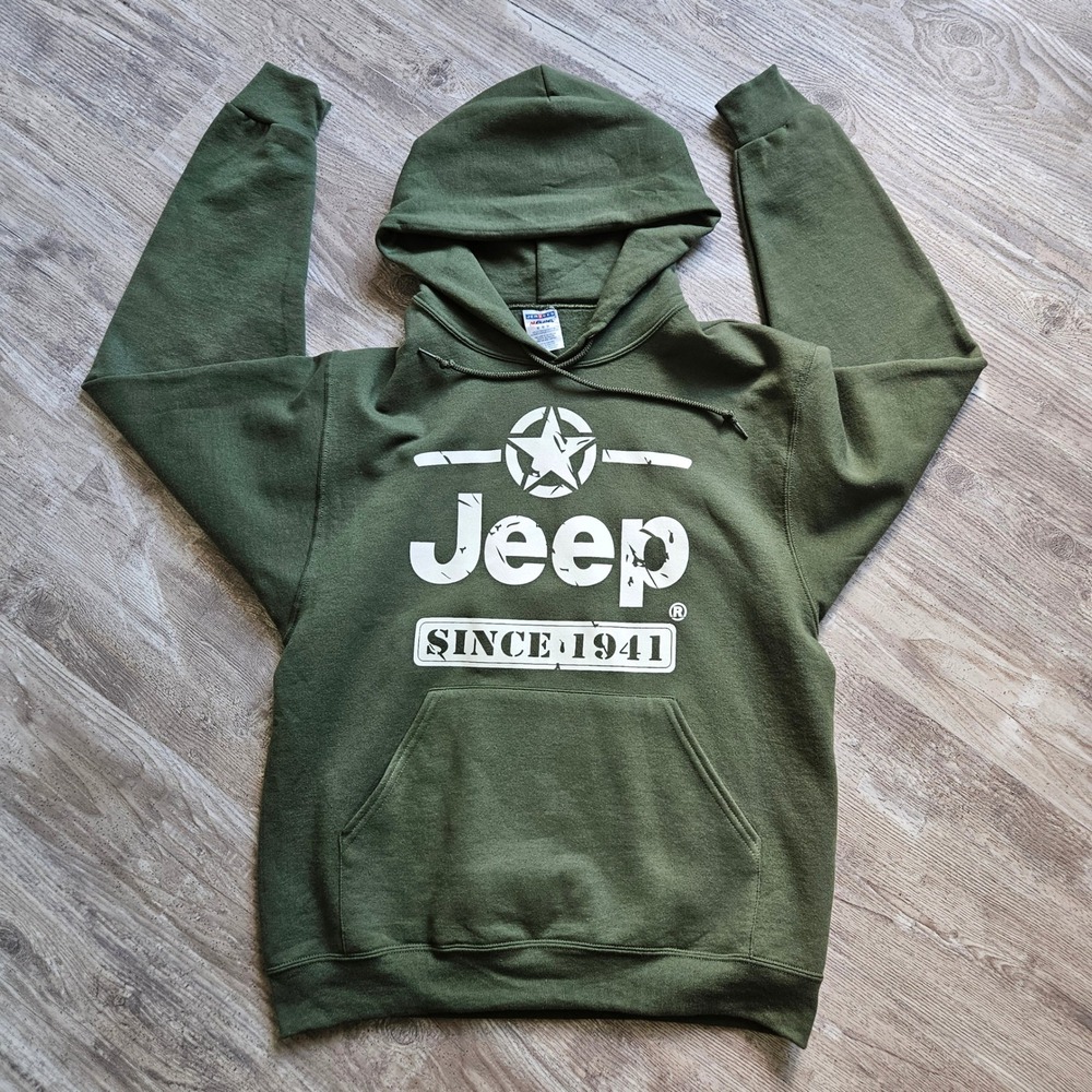 Jerzees NuBlend Jeep Hoodie Medium Green Cotton Blend Graphic Pullover